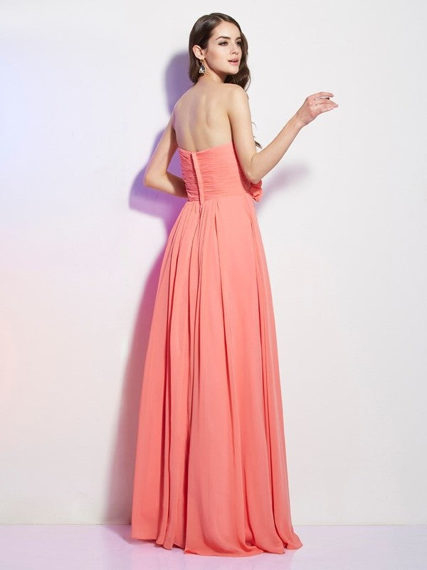 Flower A-Line/Princess Sleeveless Hand-Made Sweetheart Long Chiffon Dresses