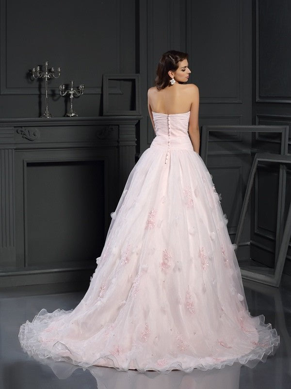 Ruffles Ball Gown Sweetheart Sleeveless Long Organza Wedding Dresses