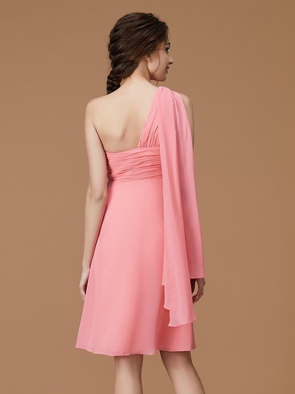 Sleeveless Ruched Short/Mini A-Line/Princess One-Shoulder Chiffon Bridesmaid Dresses