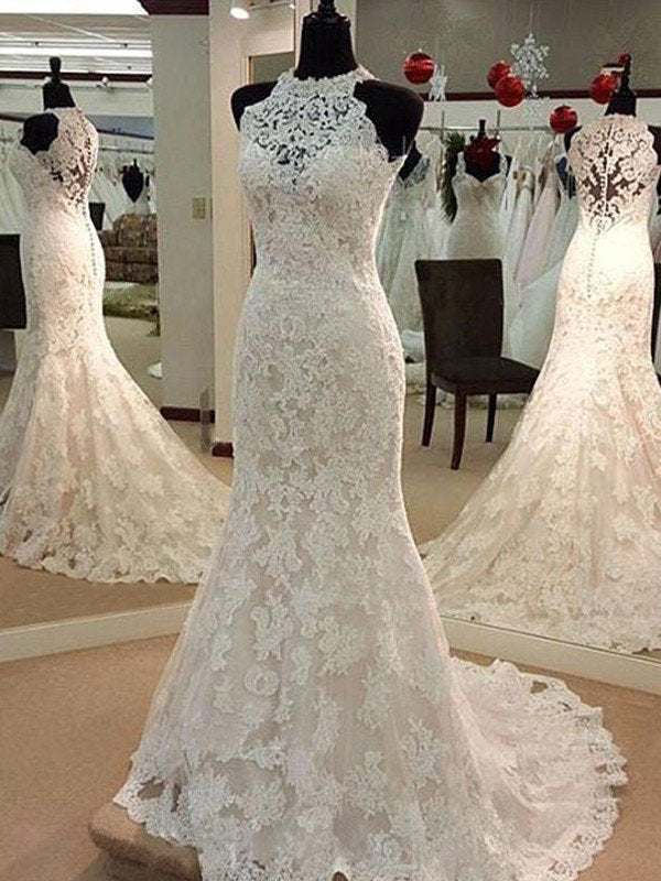 Sleeveless Sweep/Brush Scoop Applique Train Sheath/Column Lace Wedding Dresses