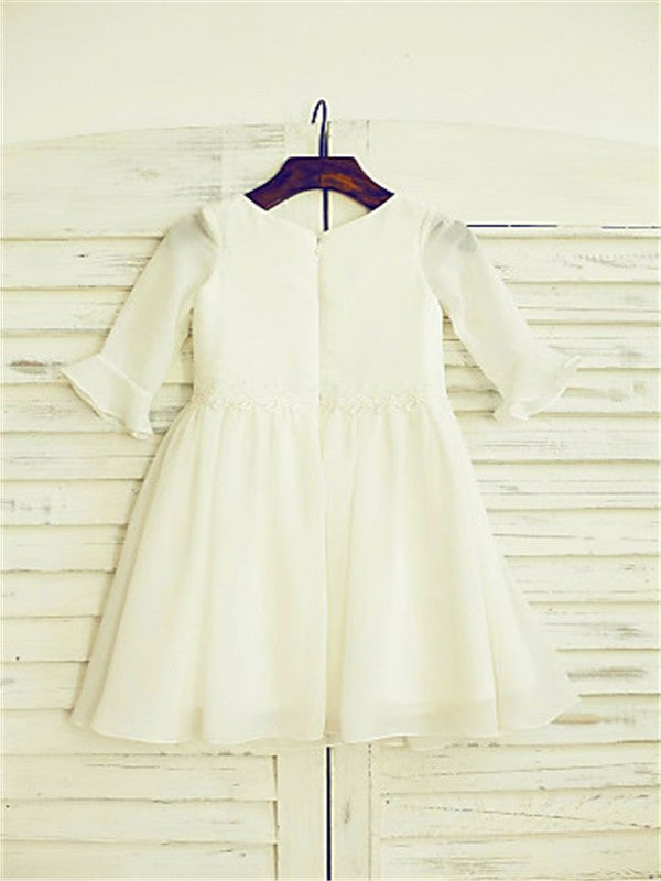 Ruffles Long Scoop Tea-Length A-line/Princess Sleeves Chiffon Flower Girl Dresses