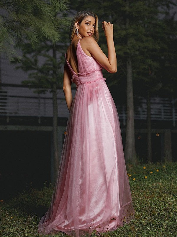 Sweep/Brush Ruffles V-neck Tulle A-Line/Princess Sleeveless Train Bridesmaid Dresses