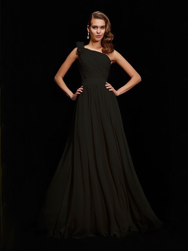 Flower Sleeveless A-Line/Princess One-Shoulder Hand-Made Long Chiffon Bridesmaid Dresses