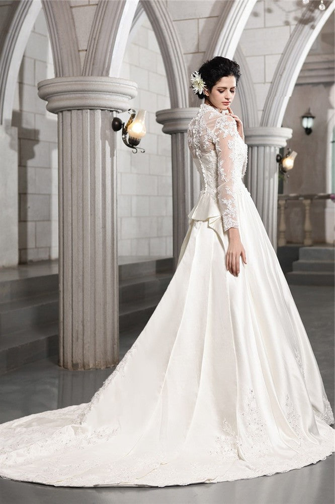 Long Applique Beading Sleeves Long A-Line/Princess Satin Wedding Dresses