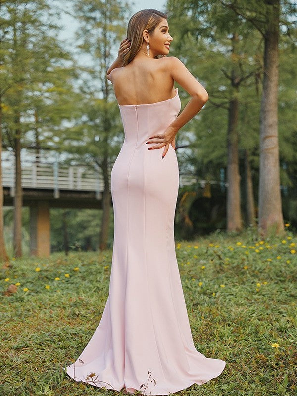 Stretch Strapless Sleeveless Sheath/Column Crepe Sweep/Brush Ruched Train Bridesmaid Dresses