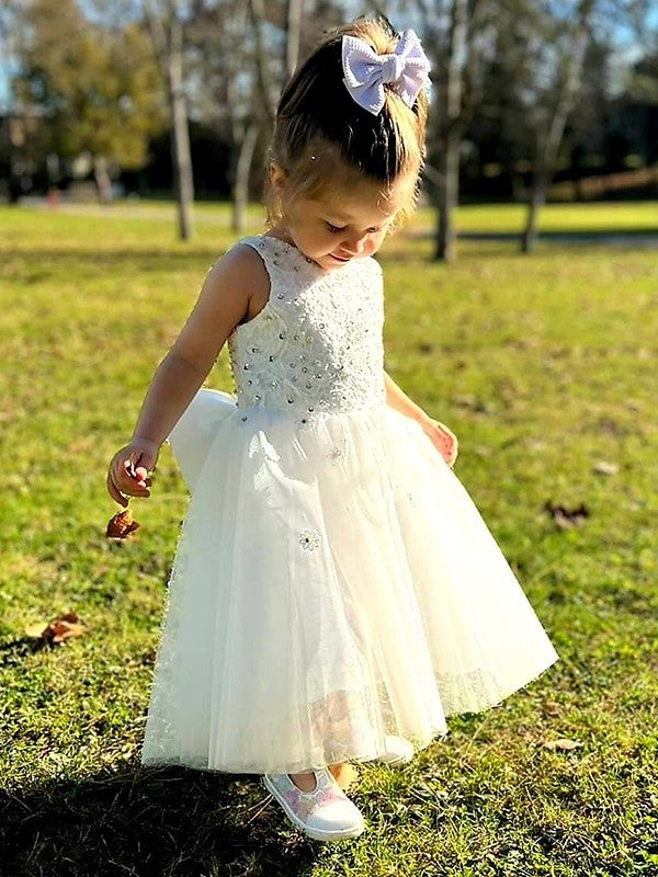 Sleeveless Scoop Bowknot Tulle Ankle-Length A-Line/Princess Flower Girl Dresses