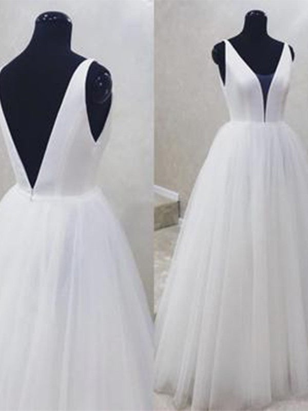 Tulle Ruffles A-Line/Princess Sleeveless V-neck Floor-Length Wedding Dresses