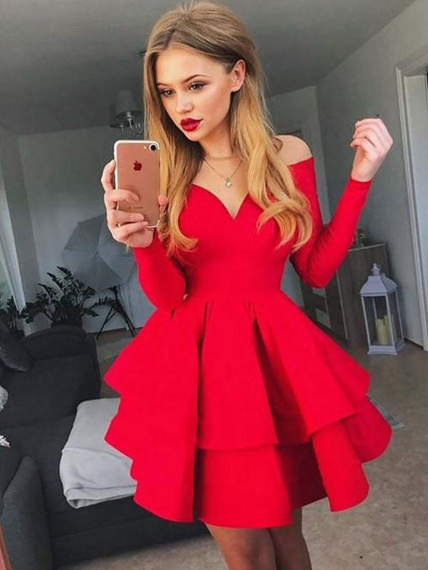 A-Line/Princess Stretch Lena Crepe Homecoming Dresses Off-the-Shoulder Ruffles Long Sleeves Short/Mini Dresses