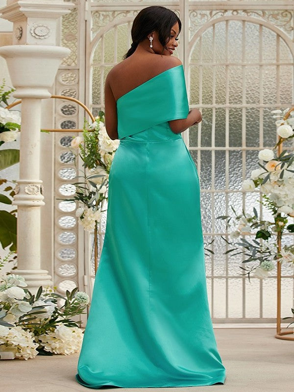 Sweep/Brush Sleeveless One-Shoulder Sheath/Column Ruched Satin Train Bridesmaid Dresses