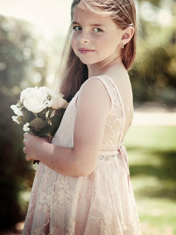 Sleeveless Lace A-Line/Princess Scoop Knee-Length Ruffles Flower Girl Dresses