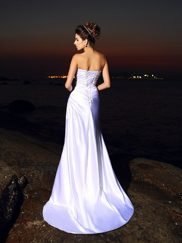 Trumpet/Mermaid Long Sweetheart Satin Elastic Sleeveless Woven Beach Wedding Dresses