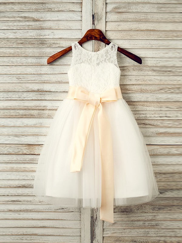 Tea-Length Tulle Sash/Ribbon/Belt Scoop A-Line/Princess Sleeveless Flower Girl Dresses