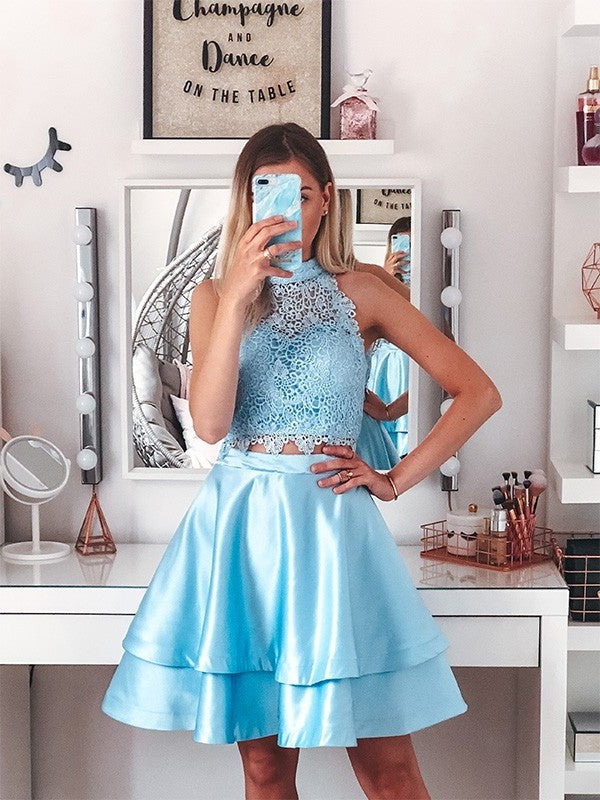 A-Line/Princess Two Sleeveless Lace Halter Satin Short/Mini Piece Homecoming Dresses