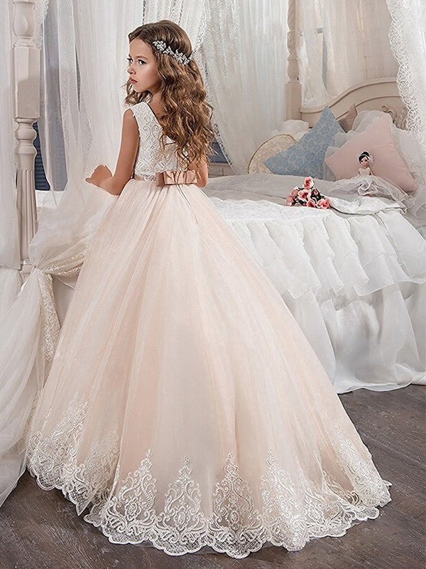 Tulle Gown Jewel Sweep/Brush Sleeveless Train Lace Ball Flower Girl Dresses