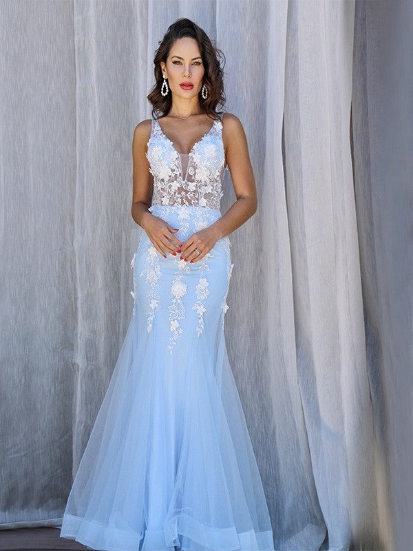 Tulle Trumpet/Mermaid Sleeveless V-neck Applique Floor-Length Dresses