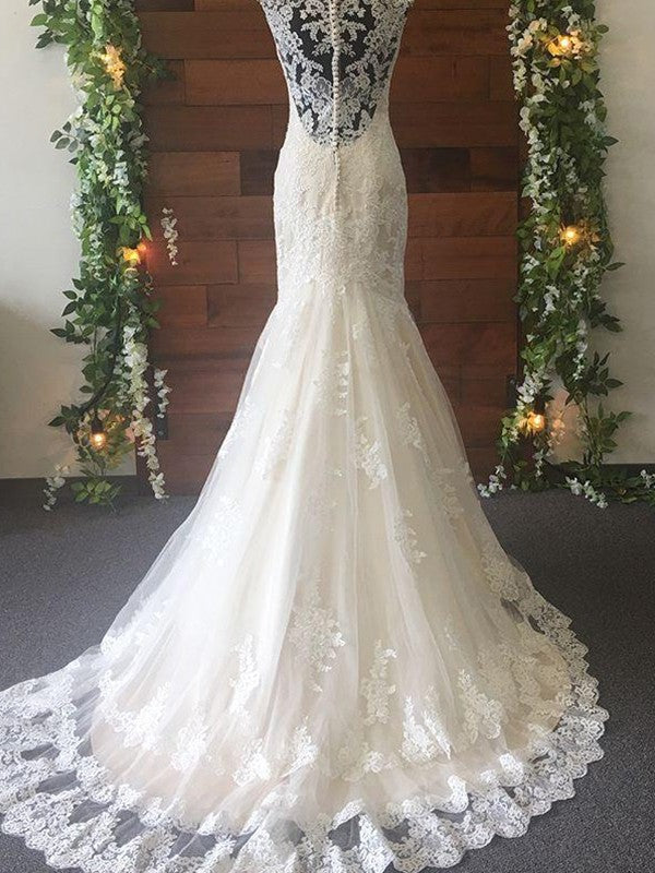 Sleeveless Lace Sweep/Brush Tulle V-neck Trumpet/Mermaid Train Wedding Dresses