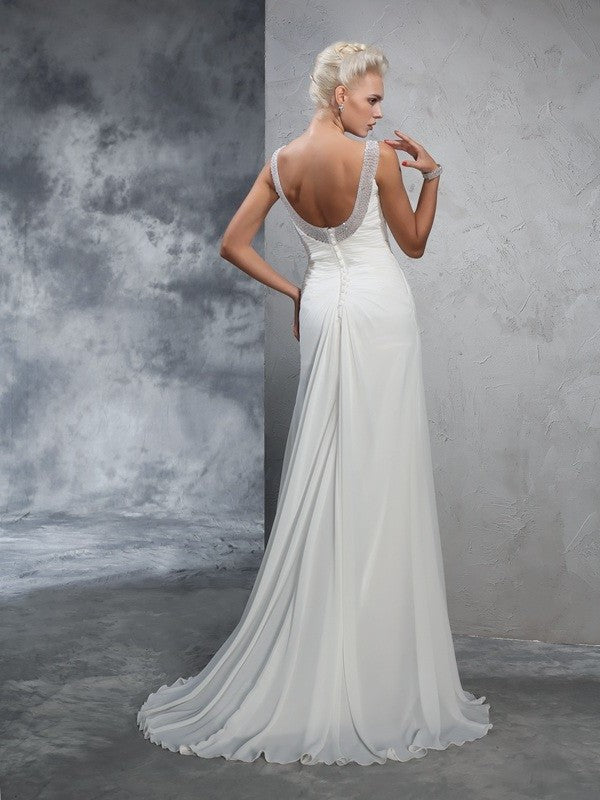 Straps Trumpet/Mermaid Ruched Long Sleeveless Chiffon Wedding Dresses