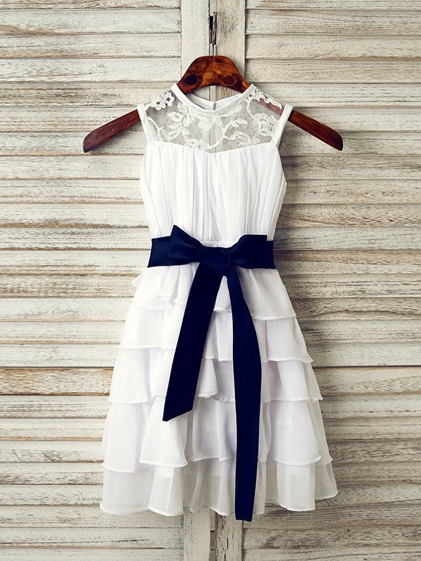 Tea-Length Scoop A-Line/Princess Sash/Ribbon/Belt Chiffon Sleeveless Flower Girl Dresses