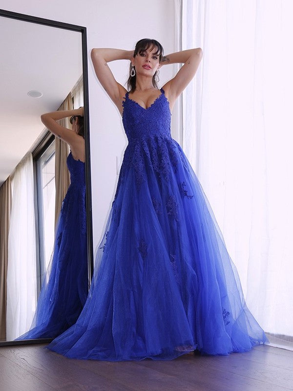 A-Line/Princess Applique Tulle V-neck Sleeveless Sweep/Brush Train Dresses