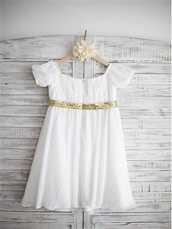 Sleeves Tea-Length Beading Short A-line/Princess Bateau Chiffon Flower Girl Dresses