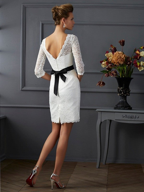 3/4 Sheath/Column Sleeves Lace of Scoop Sash/Ribbon/Belt Mother Short the Bride Dresses