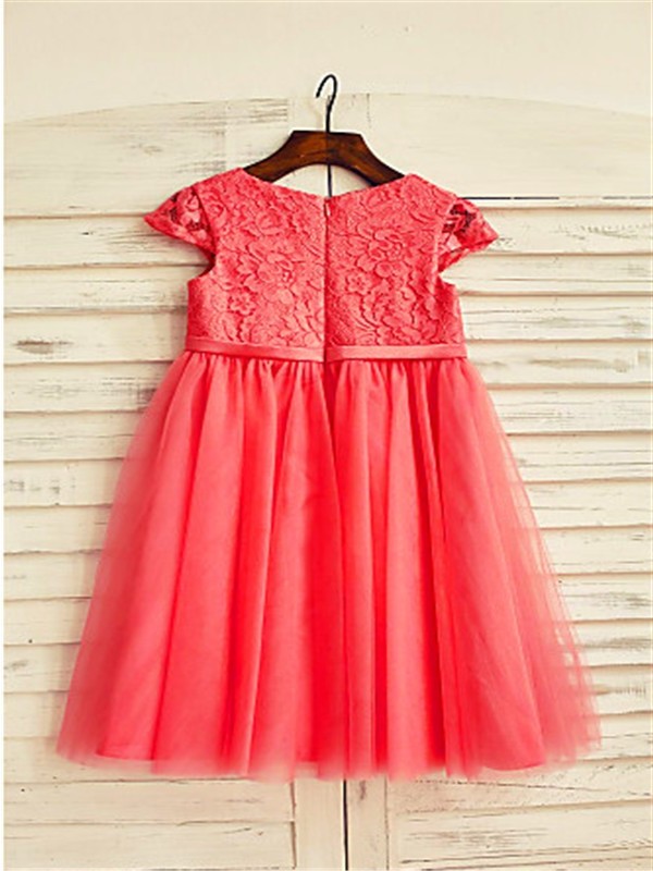 Tulle A-line/Princess Sleeves Tea-Length Scoop Lace Short Flower Girl Dresses