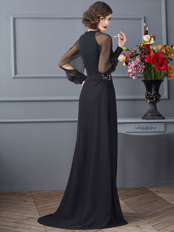 Scoop Long Sleeves Beading Sheath/Column Long Chiffon Dresses