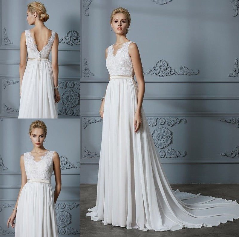 V-neck A-Line/Princess Chiffon Court Sleeveless Train Wedding Dresses