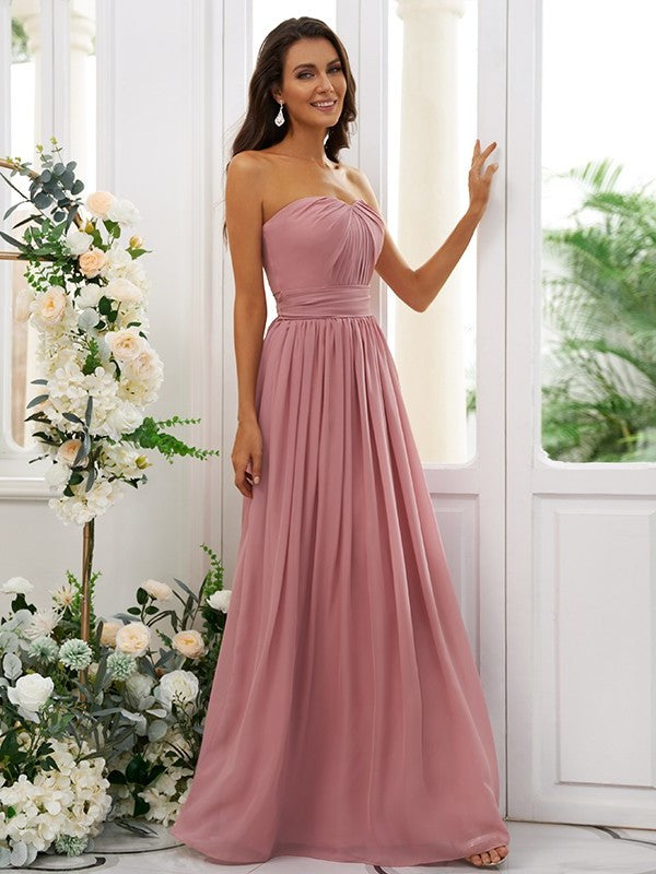 Strapless Sleeveless Ruffles A-Line/Princess Chiffon Floor-Length Bridesmaid Dresses