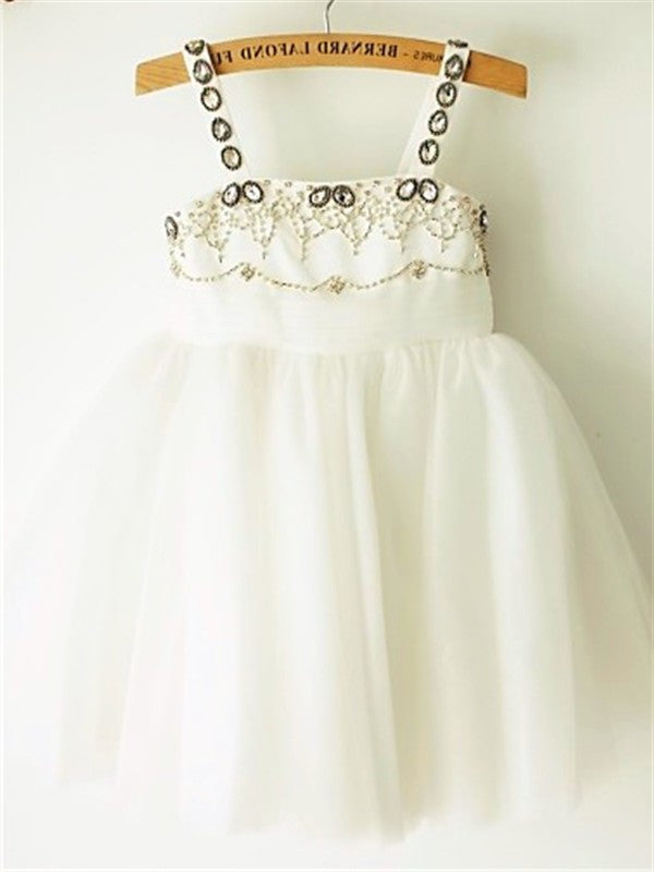 Spaghetti Straps Beading Tea-Length Sleeveless Tulle A-line/Princess Flower Girl Dresses