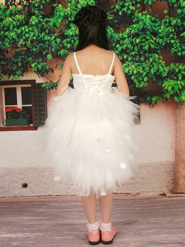 Sleeveless Hand-made Flower Short Straps A-line/Princess Tulle Flower Girl Dresses