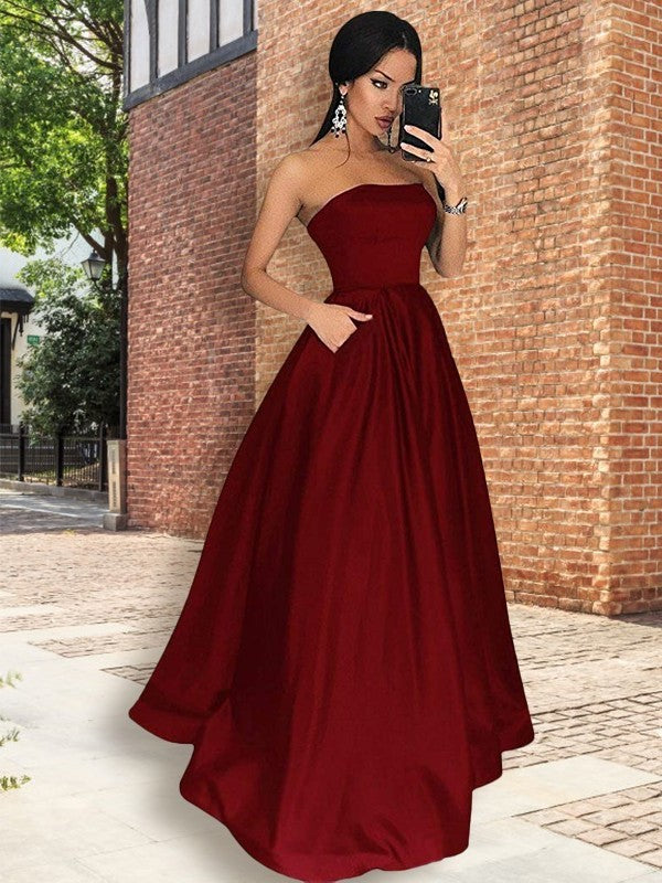 A-Line/Princess Sleeveless Floor-Length Strapless Ruffles Satin Dresses