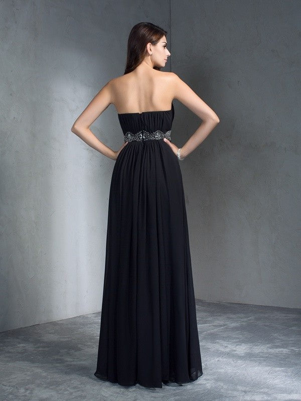 Strapless A-Line/Princess Beading Sleeveless Long Chiffon Dresses