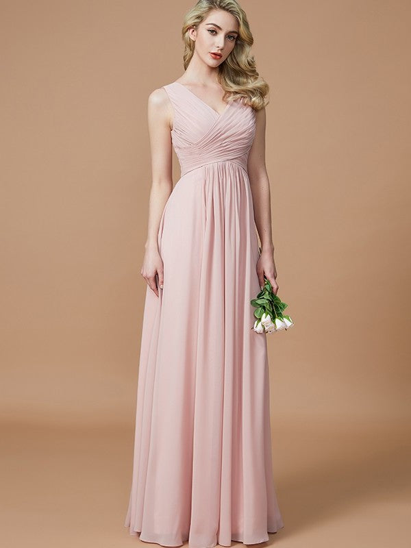 V-neck Ruched Floor-Length Sleeveless A-Line/Princess Chiffon Bridesmaid Dresses