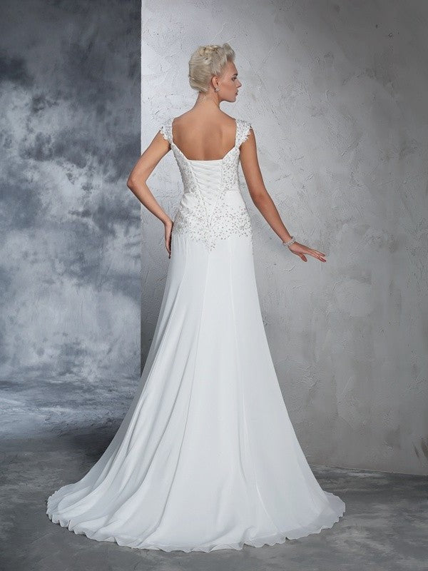 Sleeveless Beading A-Line/Princess Straps Long Chiffon Wedding Dresses