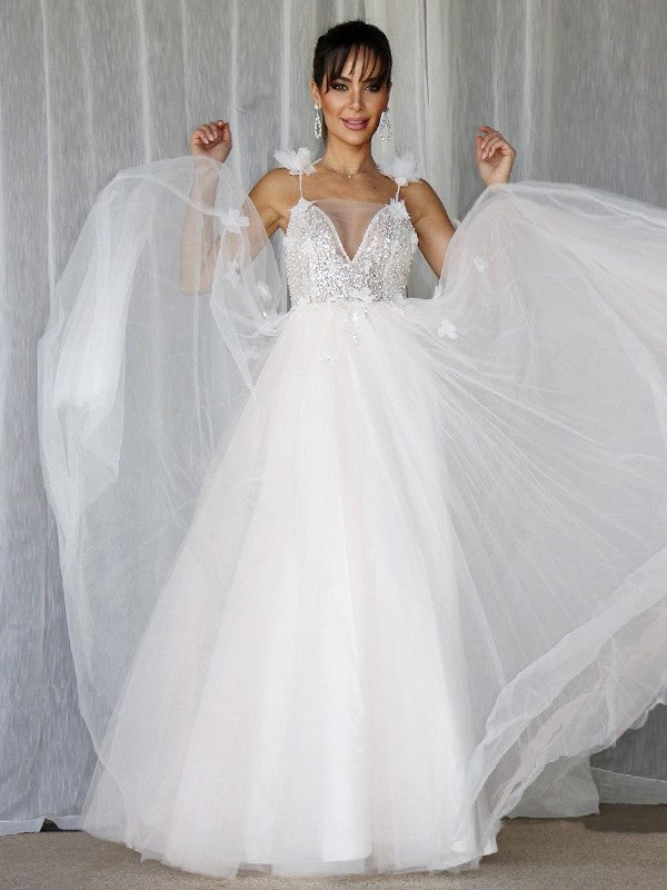 V-neck Sleeveless Tulle Beading A-Line/Princess Floor-Length Wedding Dresses