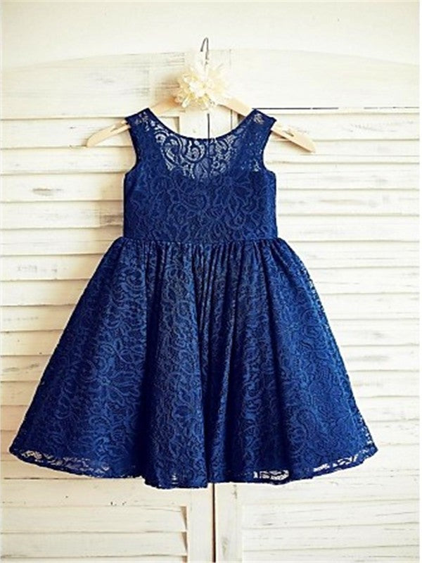 Scoop Lace Bowknot Sleeveless Tea-Length A-line/Princess Flower Girl Dresses