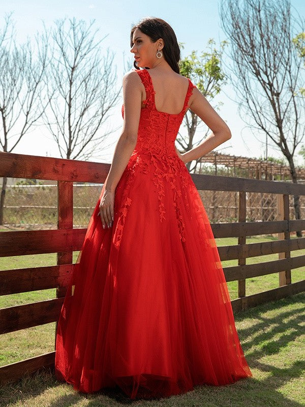 Tulle Applique A-Line/Princess Off-the-Shoulder Sleeveless Floor-Length Dresses