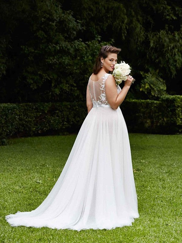 A-Line/Princess Court Scoop Train Sleeveless Lace Tulle Wedding Dresses