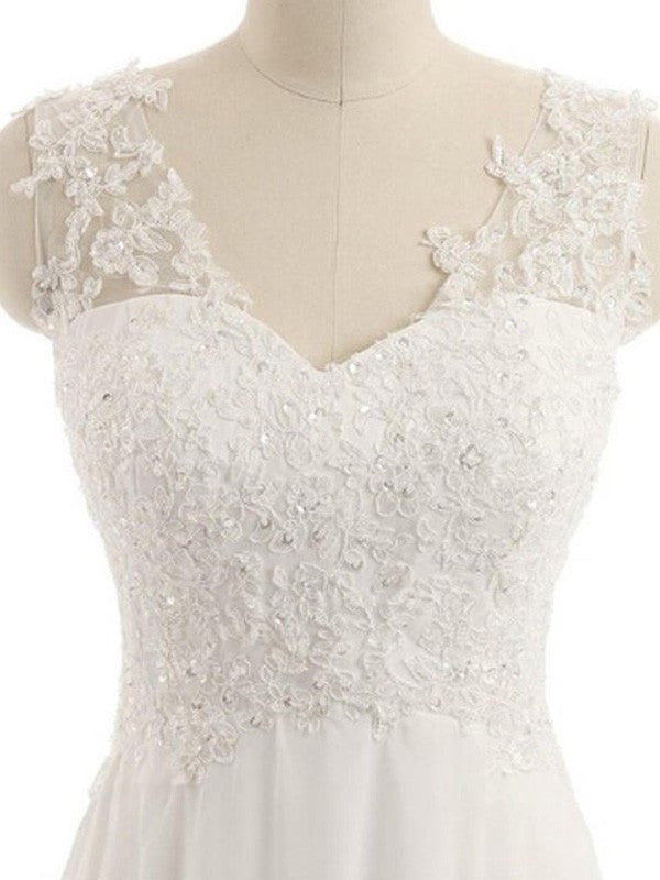 Sleeveless A-Line/Princess Lace Sweep/Brush V-neck Train Chiffon Wedding Dresses