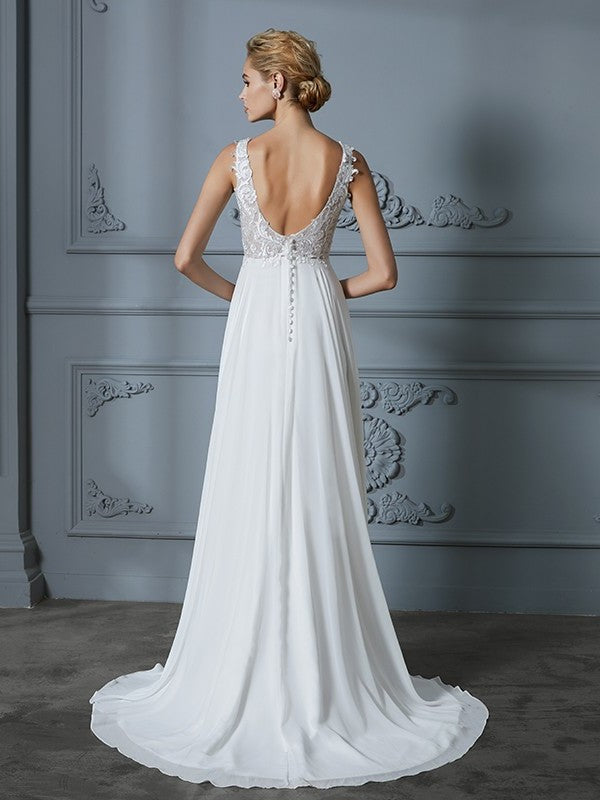 Train A-Line/Princess Sleeveless V-neck Sweep/Brush Chiffon Wedding Dresses