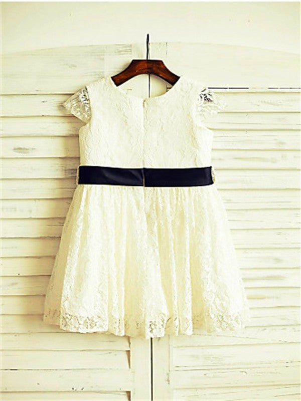 Tea-Length Flower Hand-made Short Sleeves Lace Scoop A-line/Princess Flower Girl Dresses