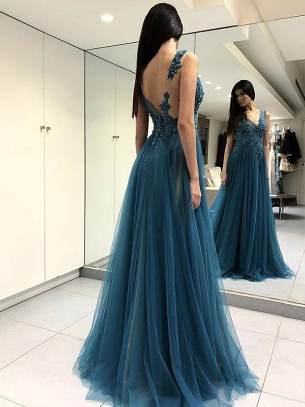 Sleeveless A-Line/Princess Floor-Length V-neck Applique Tulle Dresses