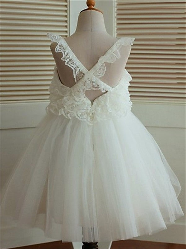 A-line/Princess Sleeveless Tea-Length Ruffles Organza Straps Flower Girl Dresses