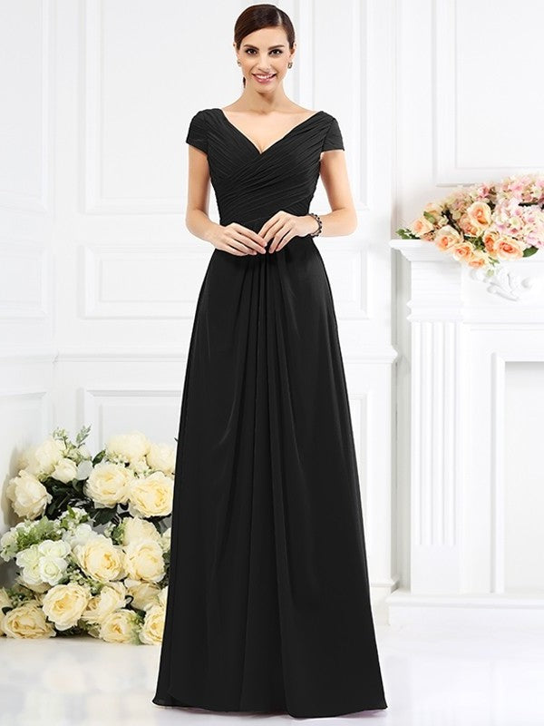 Sleeves Pleats A-Line/Princess Long V-neck Short Chiffon Bridesmaid Dresses