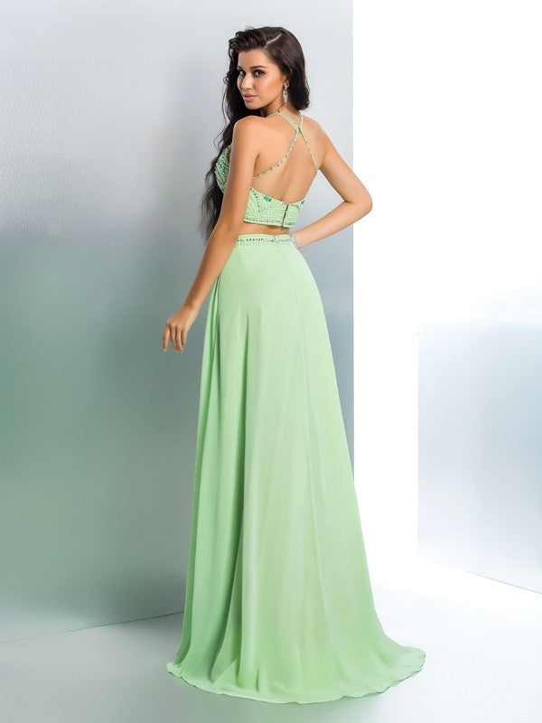 Chiffon A-Line/Princess Beading Halter Long Sleeveless Two Piece Dresses