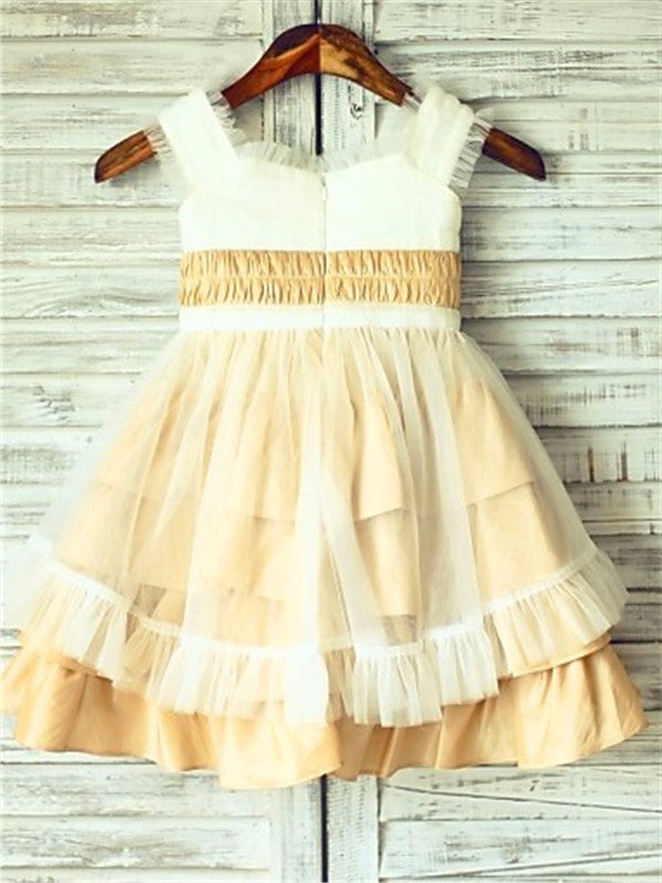 A-line/Princess Square Tea-Length Satin Layers Sleeveless Flower Girl Dresses