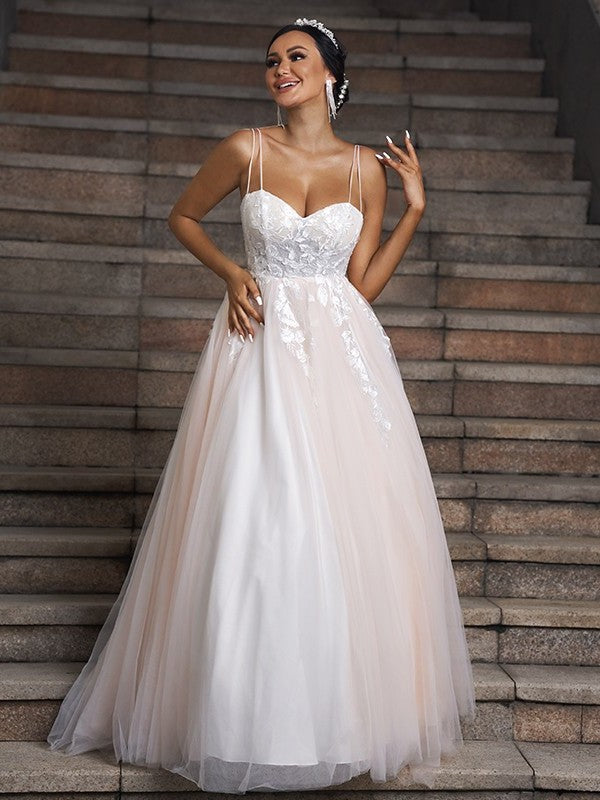 Sweep/Brush Tulle Sweetheart Applique A-Line/Princess Sleeveless Train Wedding Dresses