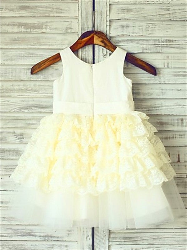 Sleeveless Ball Tea-Length Scoop Lace Gown Layers Flower Girl Dresses