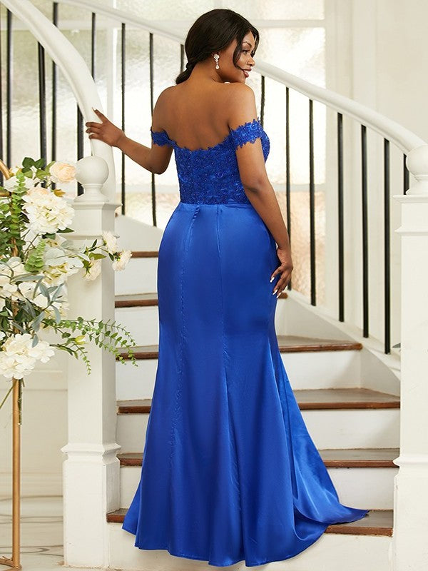 Sleeveless Off-the-Shoulder Silk Sheath/Column Applique like Sweep/Brush Satin Train Bridesmaid Dresses